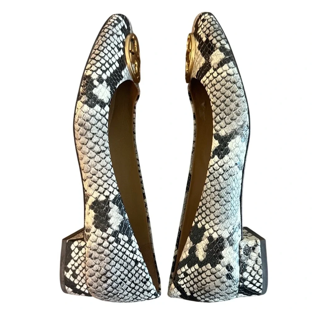 Tory Burch Chelsea Snake Embossed Ballet Flats Gold Logo Block Heel Size 7.5